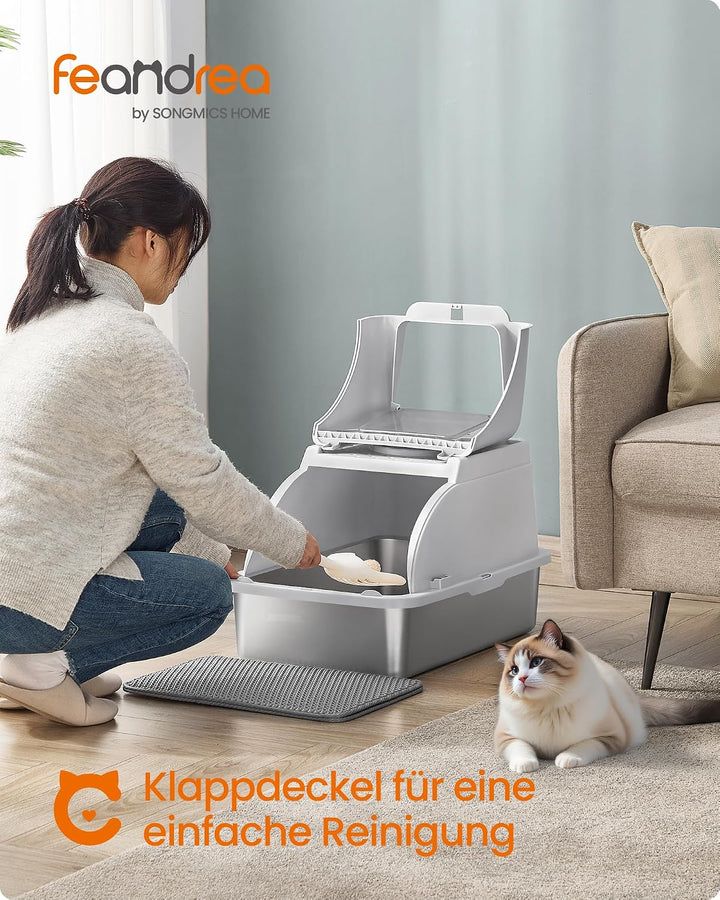 Feandrea Katzenklo Edelstahl, XL, Katzentoilette mit Deckel, mit Schaufel, Bürste und 2 Eingängen, f
