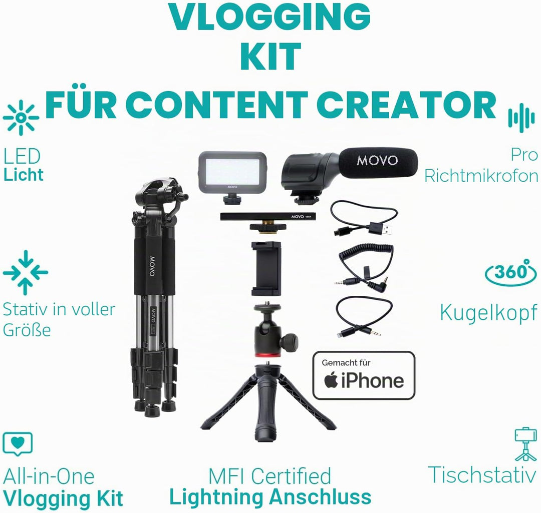 Movo iVlogger iPhone,Android Kompatibles Vlogging Kit mit Stativ in voller Grösse – Handy-Video-Kit