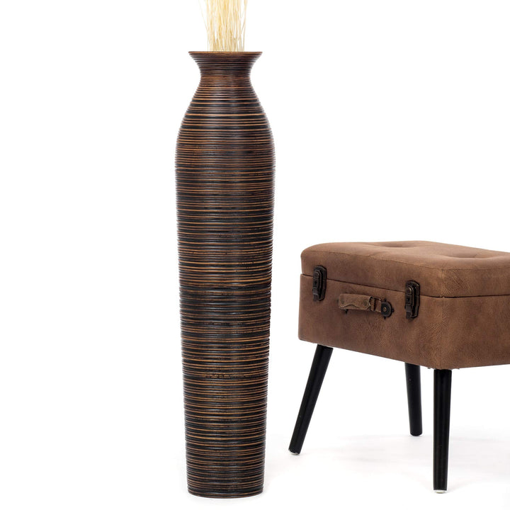 Leewadee Grosse Bodenvase für Dekozweige hohe Standvase Design Holzvase, Holz, 90 cm, Braun 90 cm Br