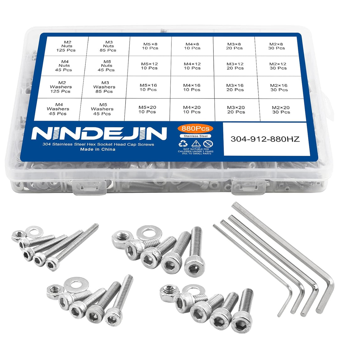 880Pcs M2 M3 M4 Edelstahl-Sechskopf-Knopf Schrauben Schrauben Muttern und Unterlegscheiben Sortiment