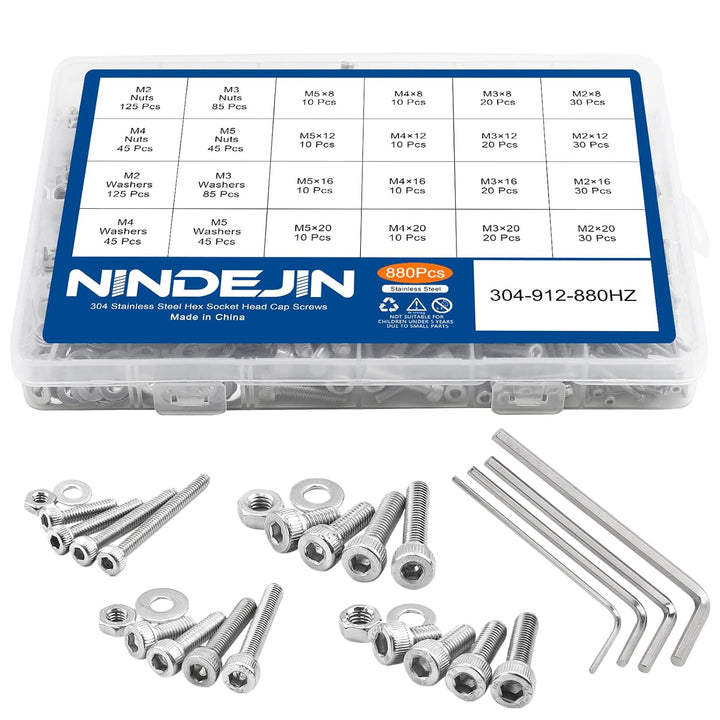 880Pcs M2 M3 M4 Edelstahl-Sechskopf-Knopf Schrauben Schrauben Muttern und Unterlegscheiben Sortiment
