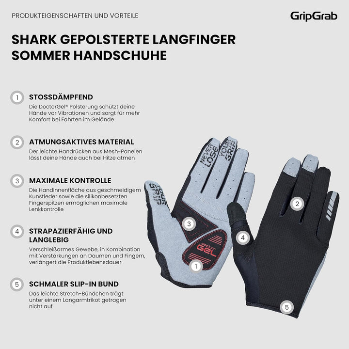 GripGrab Shark Gepolsterte Langfinger Mountainbike Gravel Handschuhe rutschfeste Vollfinger Sommer F