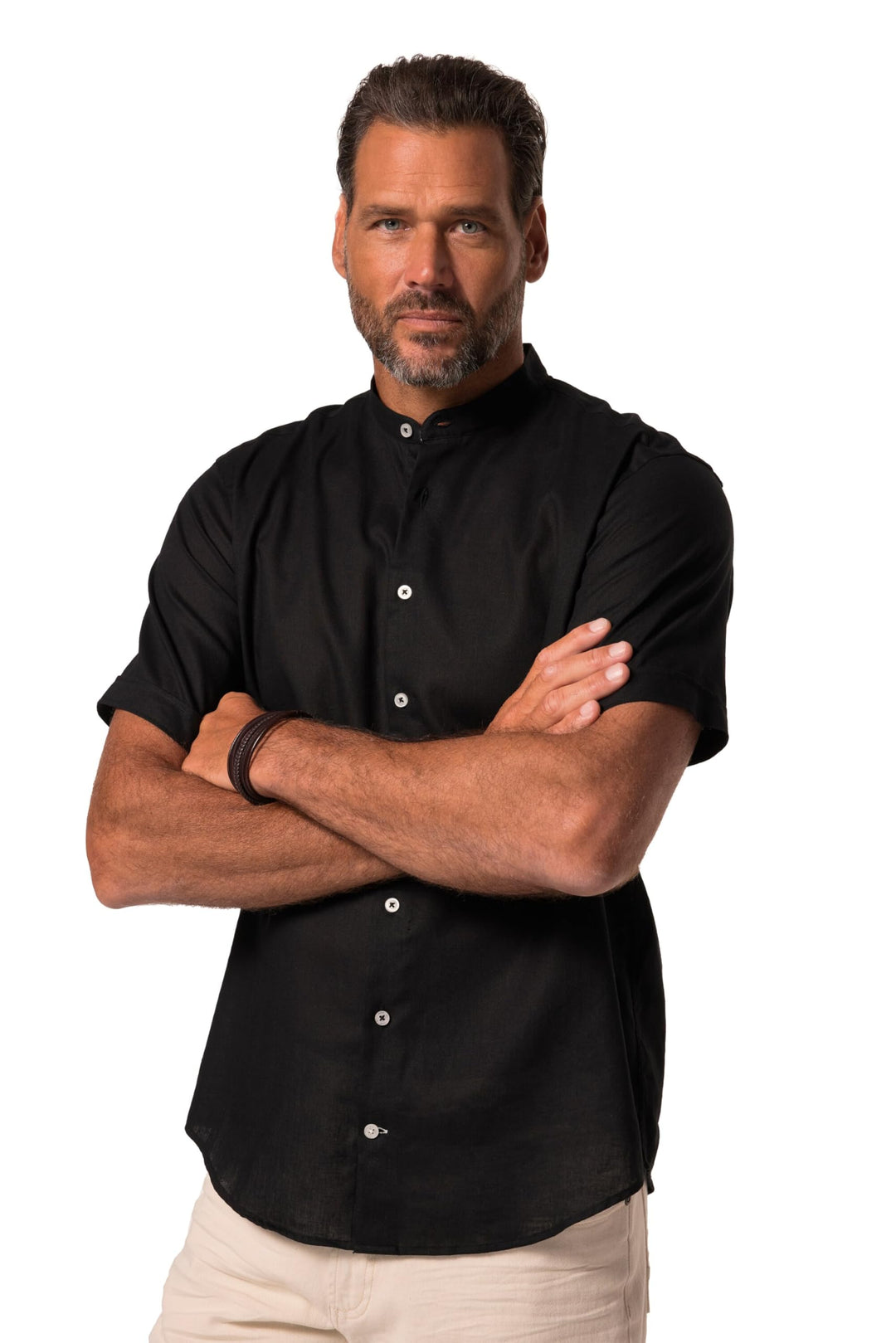 JP 1880 Herren, Halbarm, Leinenmix, Stehkragen, Modern Fit Hemd XL Schwarz, XL Schwarz