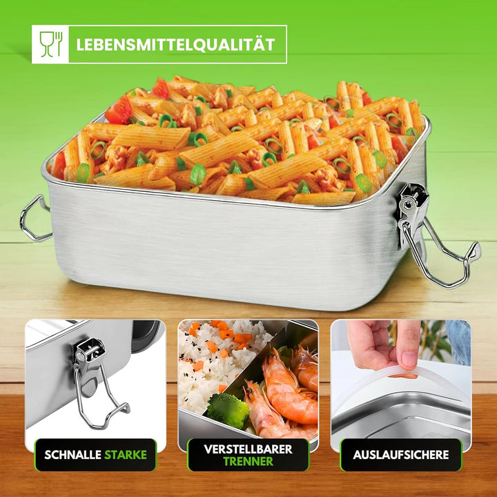 Brotdose Edelstahl mit Fächern 1400 ml - Lunchbox mit Bewegliche Trennwand und Besteck, Auslaufsiche