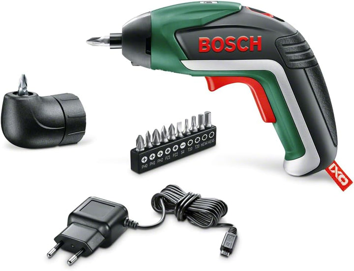 Bosch Home and Garden Akkuschrauber IXO Medium Set (5. Generation, Winkelaufsatz, 10 Bits, USB Ladeg