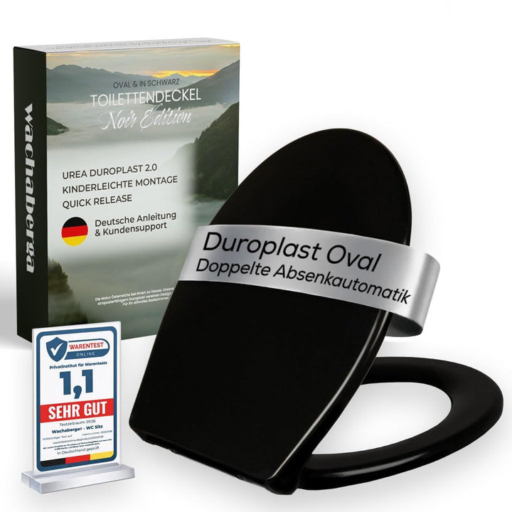 Toilettendeckel schwarz mit Absenkautomatik, WC Sitz Oval Duroplast mit Softclose, stabilen Edelstah