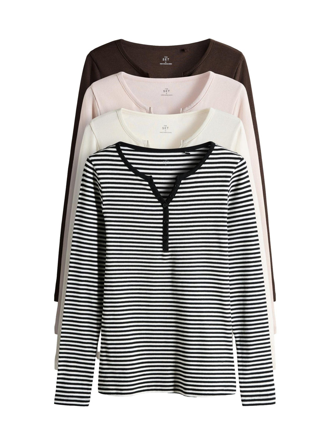 THE SET Damen t gerippte Henley-Langarmshirts, 4er-Pack S Berry/Stripe/Pink/White, S Berry/Stripe/Pi
