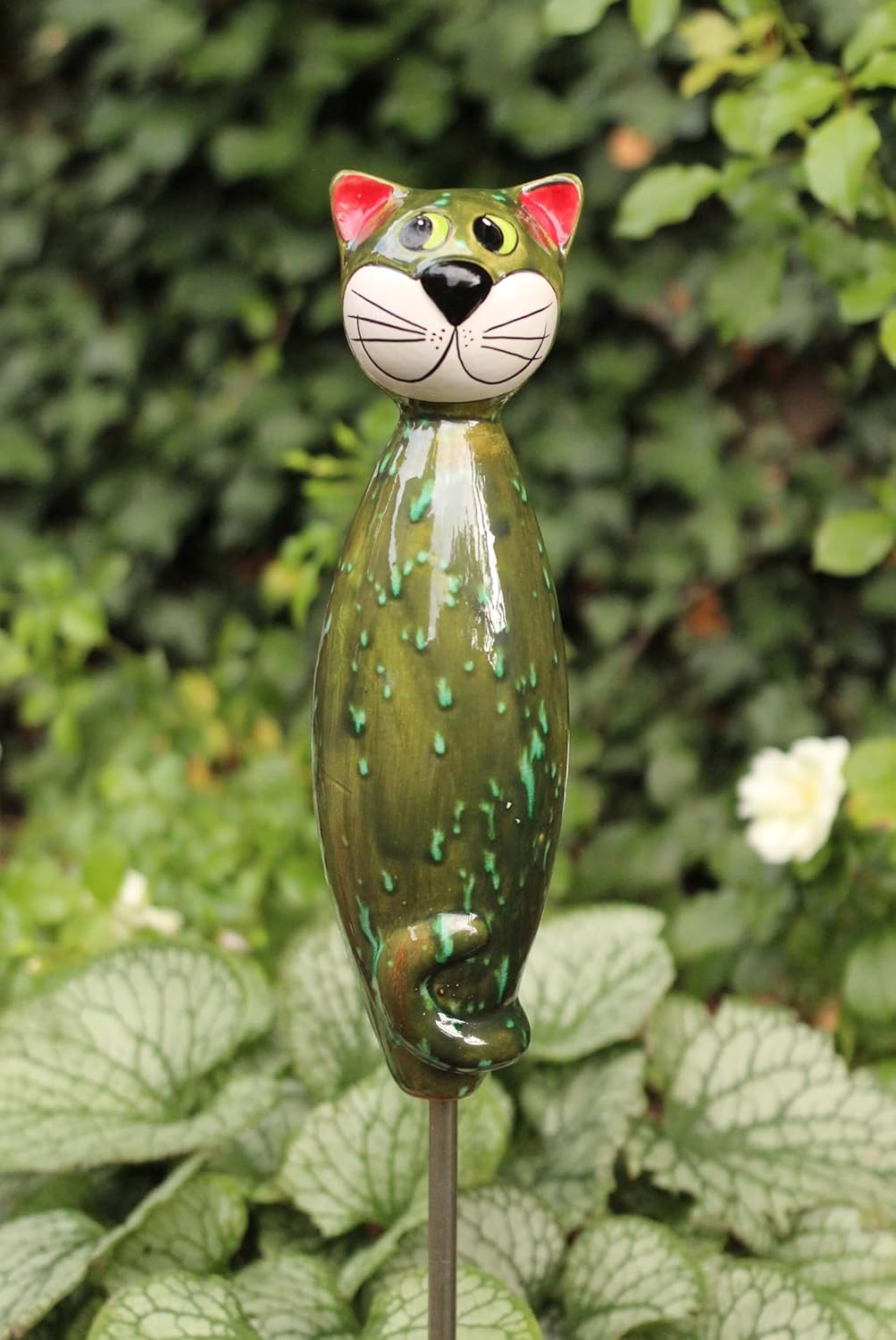 Gartenfigur Katze aus Keramik 30 cm grün, Grün