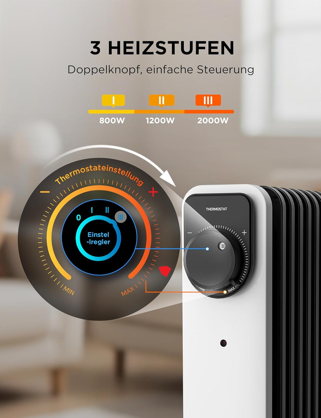 Midea Ölradiator, 2000W 9 Rippen tragbarer Elektroheizer mit Drehknopfregelung und einstellbarem The