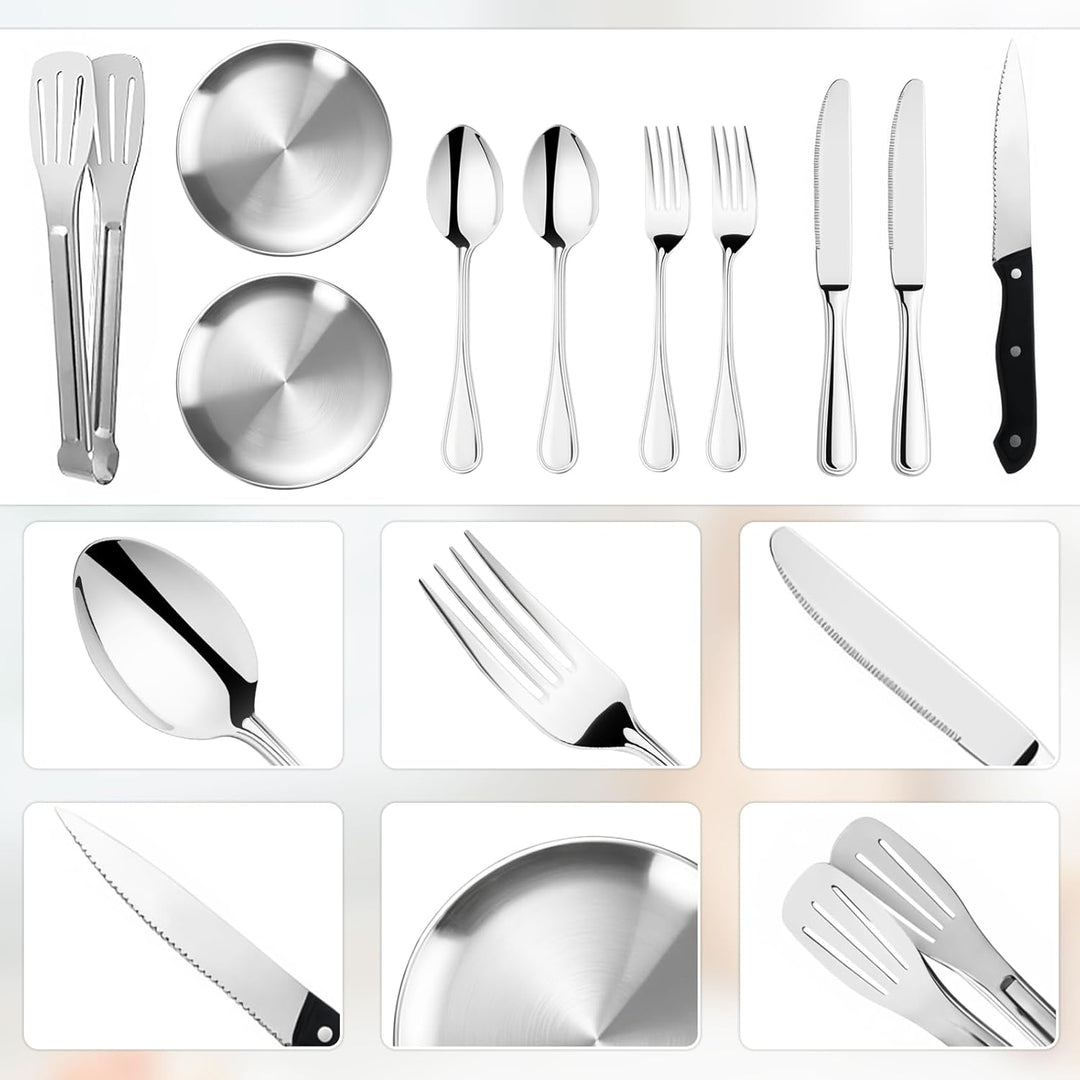 Camping Geschirr Set 2 Personen,12-teilig Besteckset mit Edelstahl Gabeln Tragbars Campingbesteck au