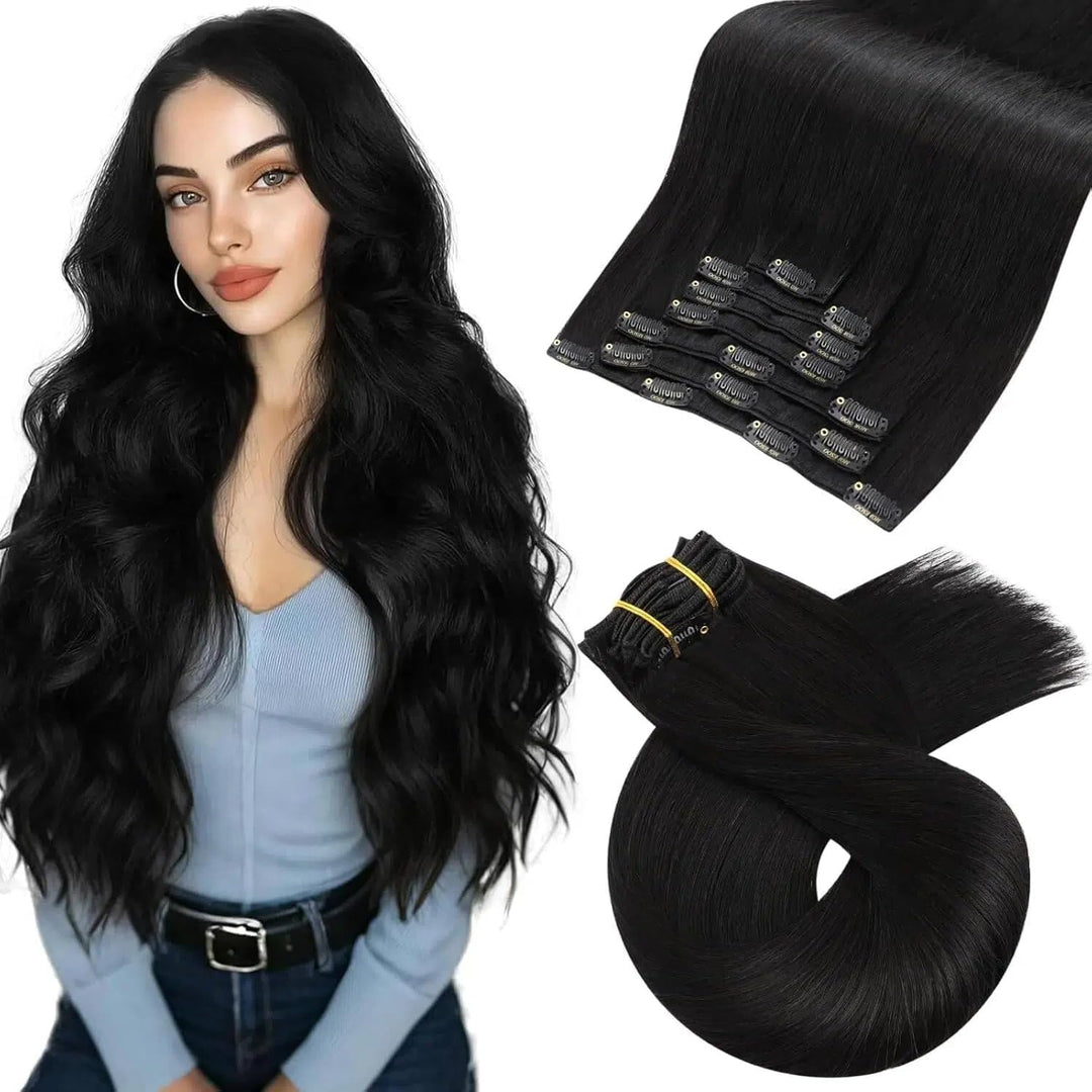 Moresoo Clip in Extensions Echthaar Schwarz Haarverlängerung Echthaar Clip Natürlich Echthaar Extens