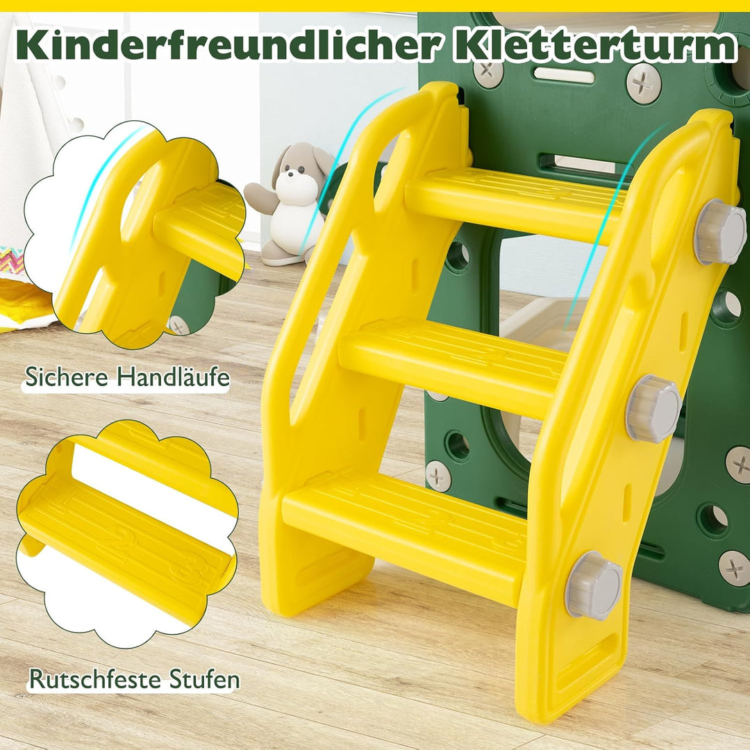 COSTWAY Kinder Rutsche faltbar, 10 in 1 Kinderrutsche mit Basketballkorb, Wurfspiel, Tafel, Tunnel,