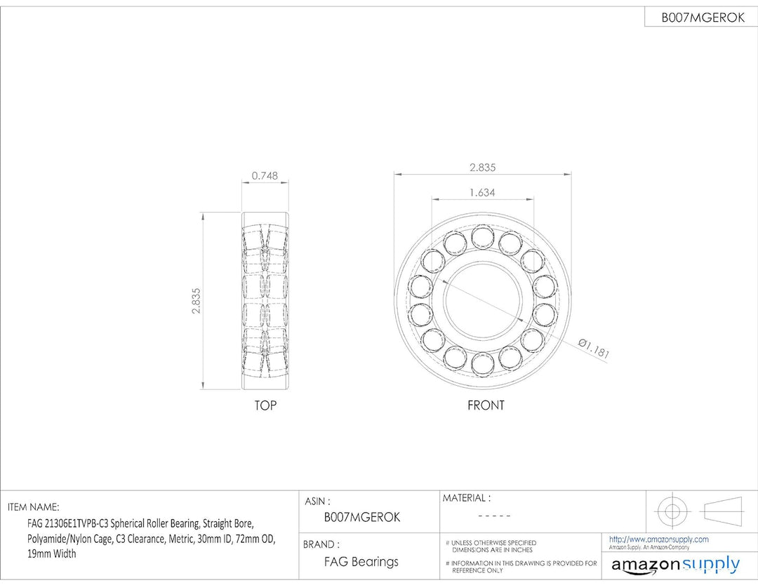 FAG 21306e1tvpb-c3 Sphärische Roller Bearing, gerade Bohrung, Polyamid/Nylon Käfig, C3 Clearance, me