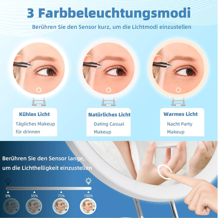10fach Vergrösserungsspiegel mit Licht 10X, 15cm 3 Farbe Modi Dimmen beleuchteten vergrösserten Spie