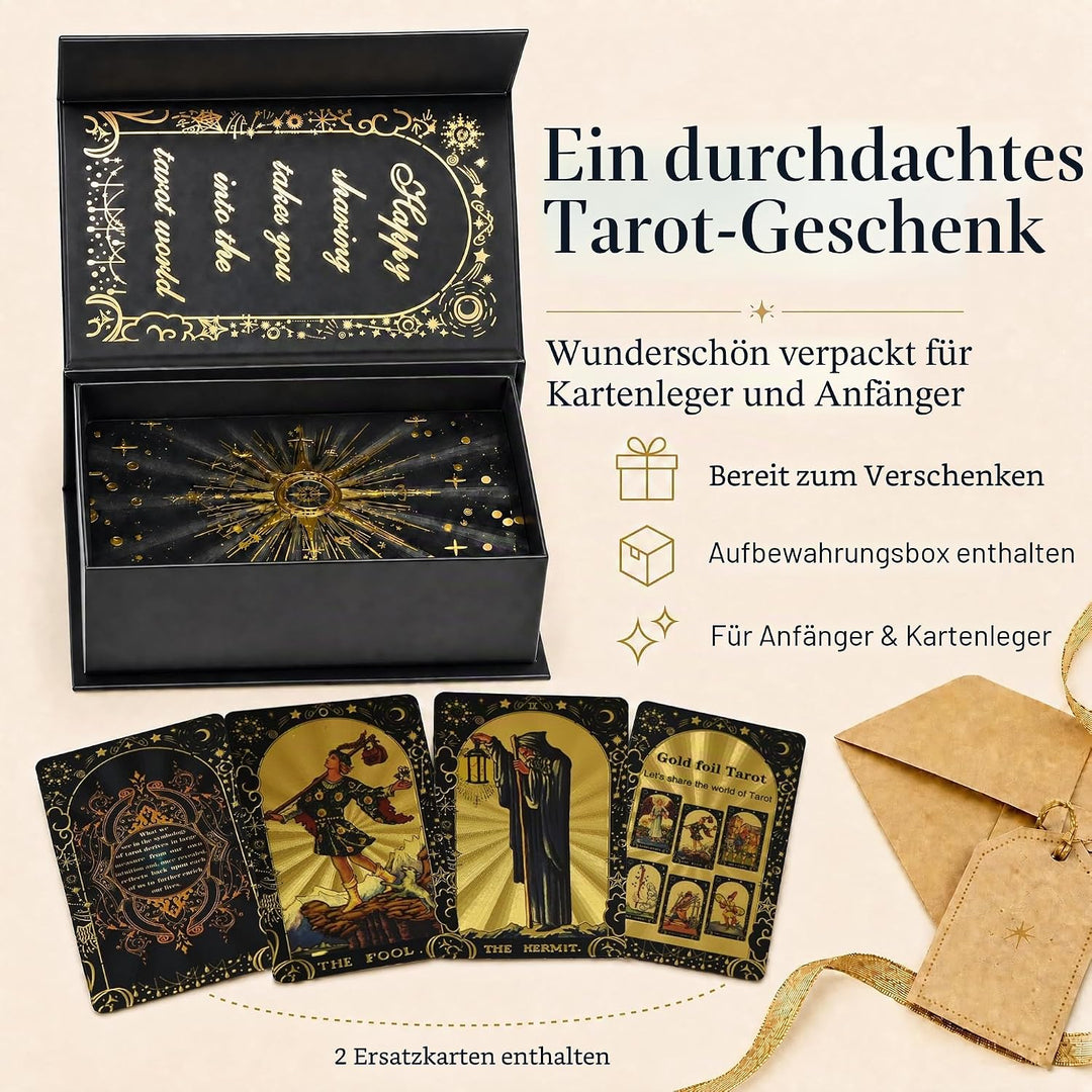YIMINGOUFEI Englische Waite-Tarotkarten mit Goldfolie, 78 Stück, mit Reiseführer, wasserdichtes PET-