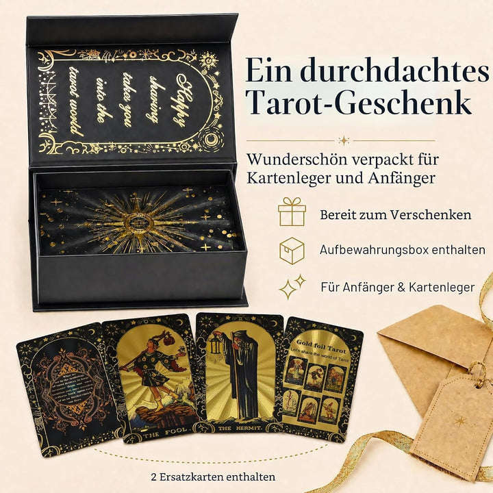 YIMINGOUFEI Englische Waite-Tarotkarten mit Goldfolie, 78 Stück, mit Reiseführer, wasserdichtes PET-