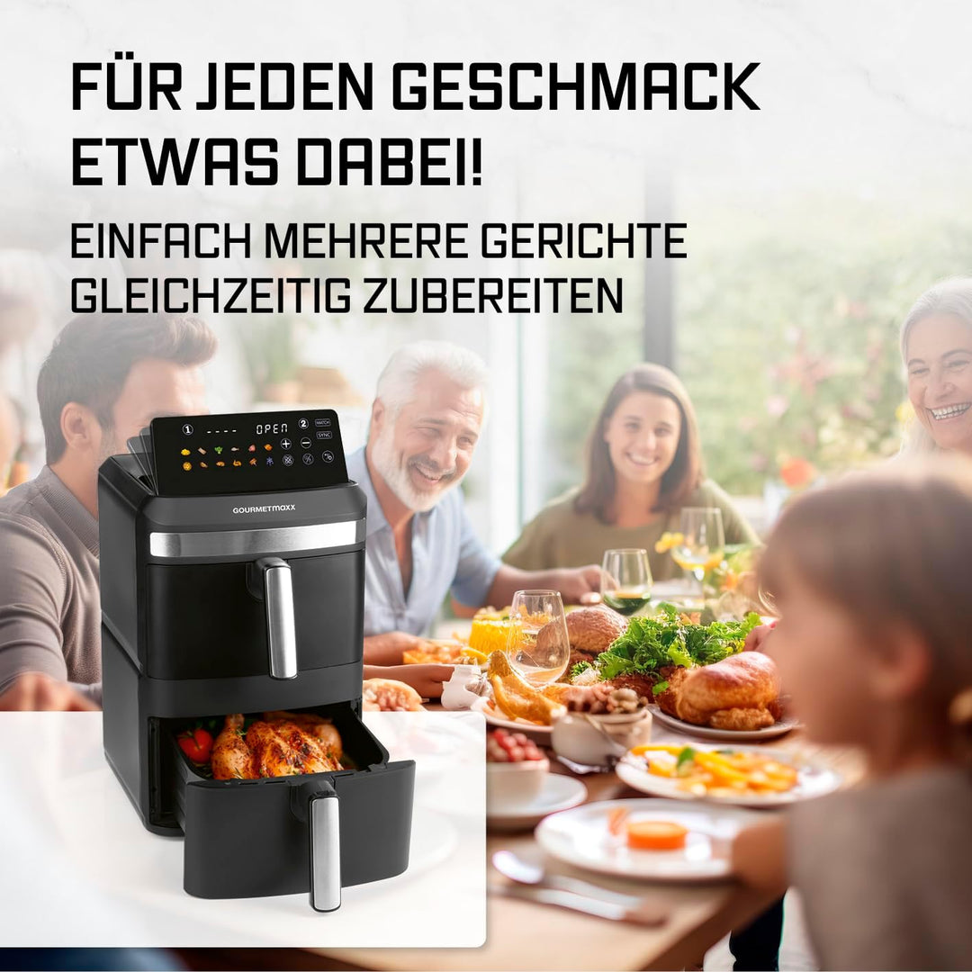 GOURMETmaxx FryUp XL vertikale Doppelkammer Heissluftfritteuse - 12 L | Airfryer mit Multi-Colour LE