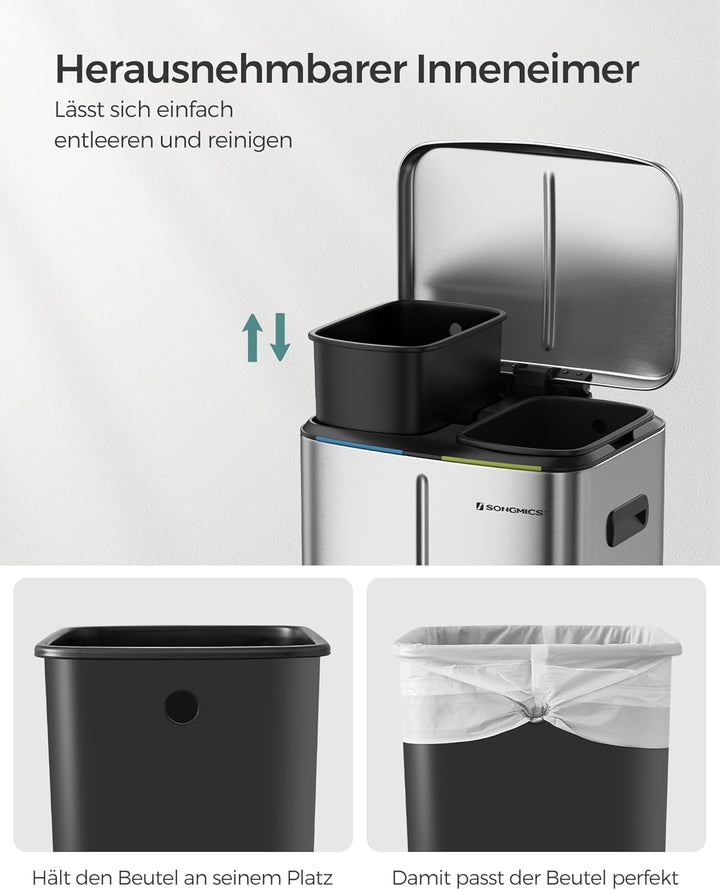 SONGMICS 40 L Mülleimer mit 2 Fächern, 2 x 20 L, Abfalleimer, Treteimer aus Metall, Inneneimer aus K