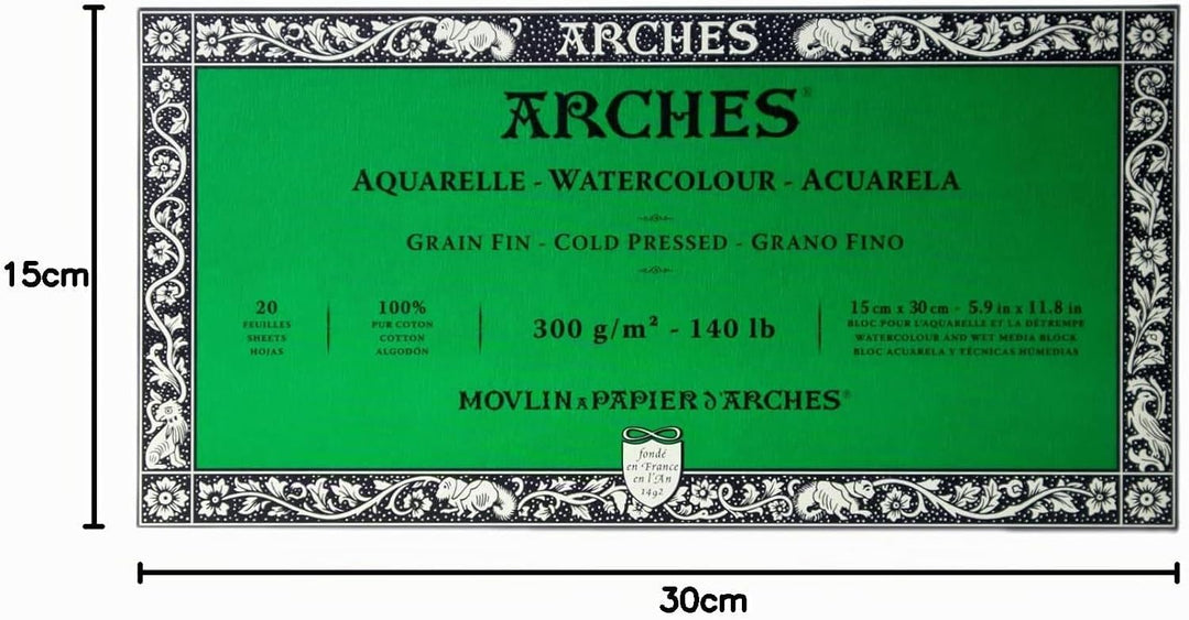 Arches 1795057 Aquarellpapier im Block (15 x 30 cm, 4-seitig geleimt, 300g/m² Feinkorn) 20 Blatt nat