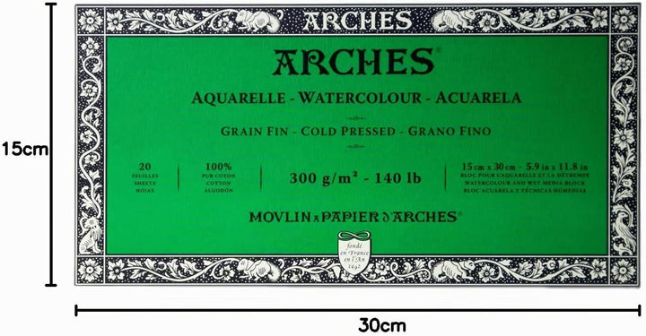 Arches 1795057 Aquarellpapier im Block (15 x 30 cm, 4-seitig geleimt, 300g/m² Feinkorn) 20 Blatt nat