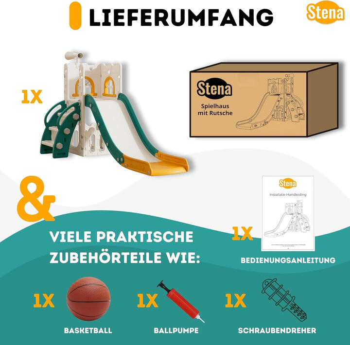 Stena Spielhaus mit Rutsche, Basketballkorb, Ball &amp; Spielzeug-Teleskop - Indoor &amp; Outdoor - Spieltur