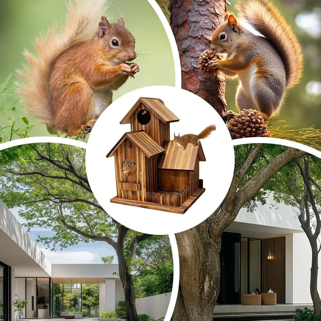 Eichhörnchen-Futterspender – Dreiraum-Design Holz Outdoor Futterstation | Holz Eichhörnchen Haus mit