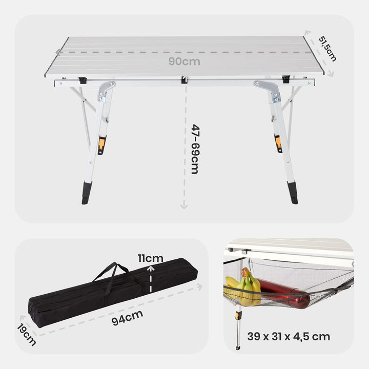 Arebos Campingtisch faltbar 90 x 51,5 cm | Klapptisch höhenverstellbar 47-69 cm | Camping Zubehör, G