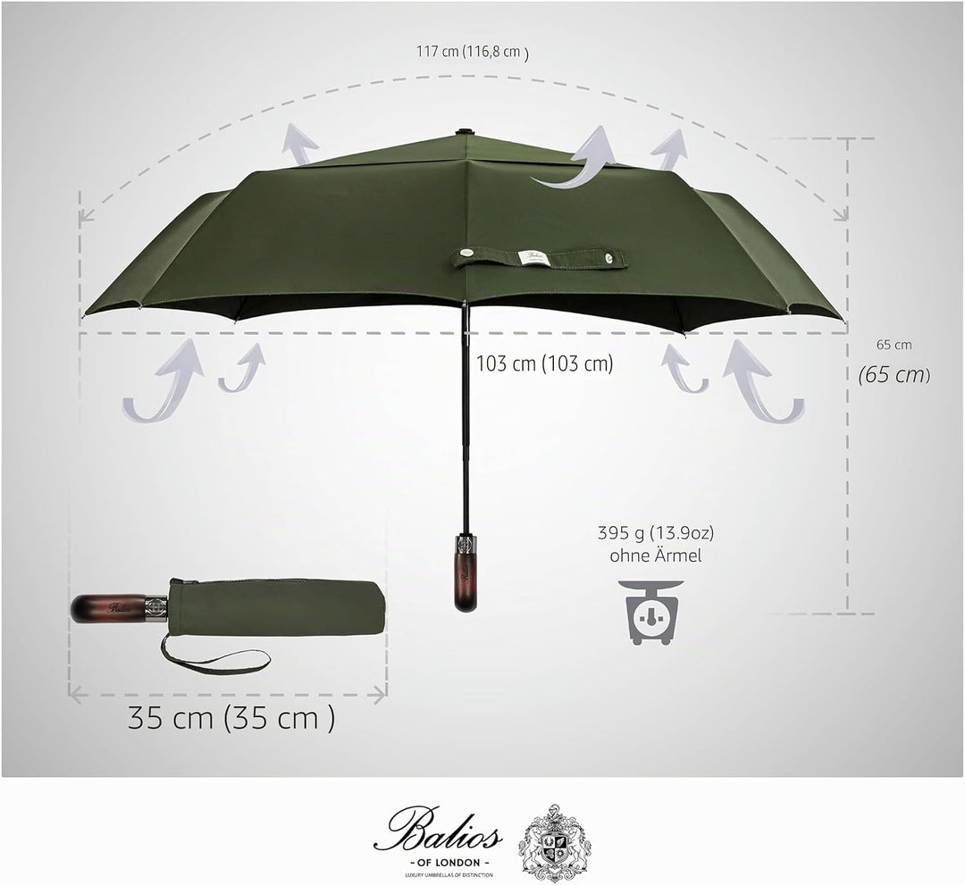 Balios® Regenschirm Mit Echtem Holzgriff -Optional | Auf Zu Automatik | Sturmfest & Windsicher | Tas