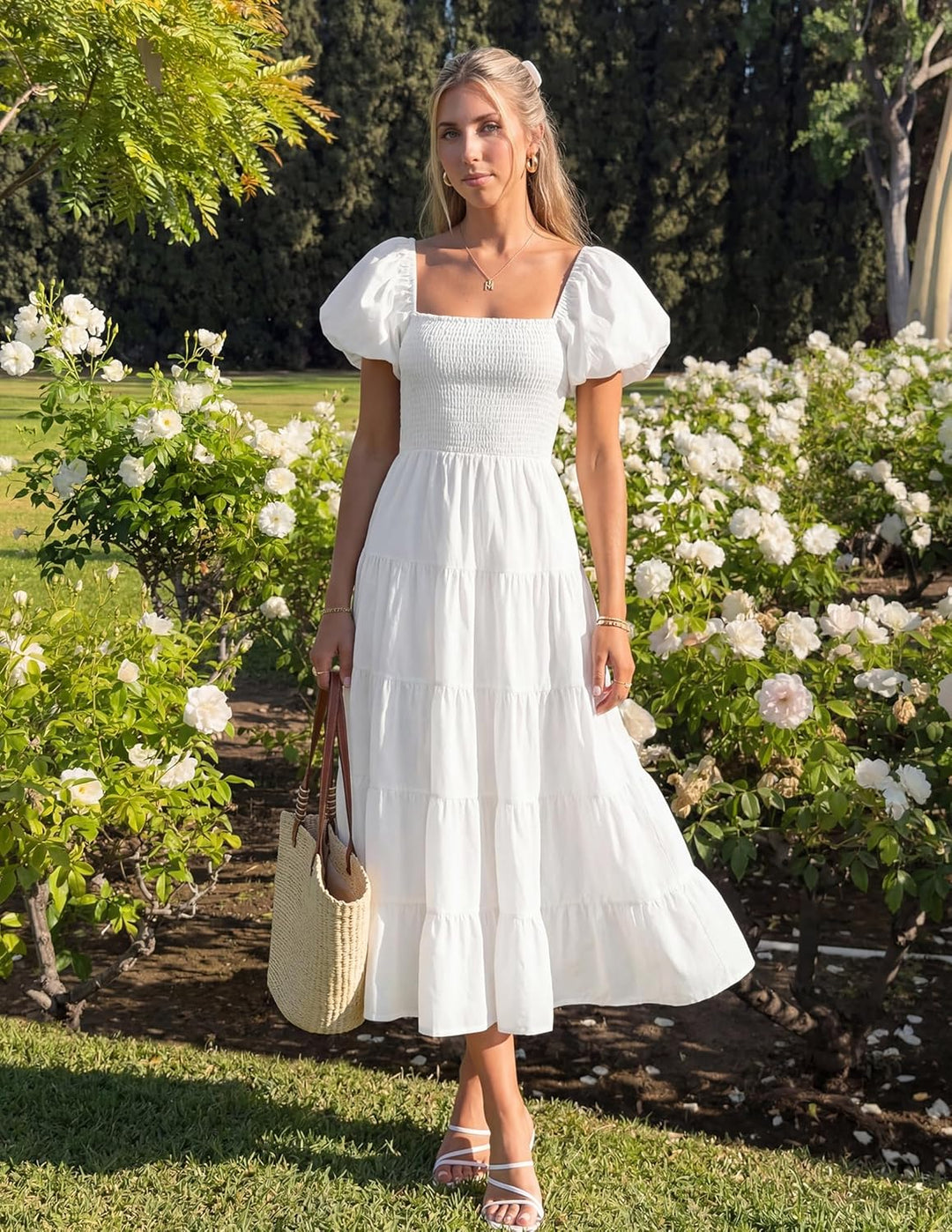 ZESICA Damen-Sommerkleid, eckiger Ausschnitt, Kurze Puffärmel, einfarbig, hohe Taille, lässig, flies