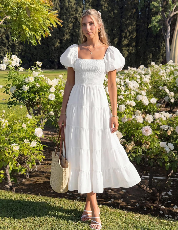 ZESICA Damen-Sommerkleid, eckiger Ausschnitt, Kurze Puffärmel, einfarbig, hohe Taille, lässig, flies