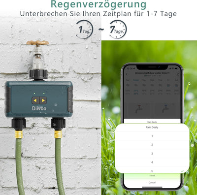 Diivoo Bewässerungscomputer WLAN 2 Ausgänge, Smart Bewässerungsuhr für Garten Bewässerung kompatibel