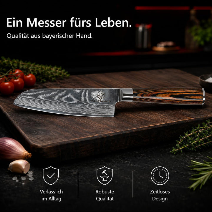 Wolfblood Damastmesser Santoku Messer L(24cm) Profi-Kochmesser aus 67 Lagen Damaststahl und VG10 All