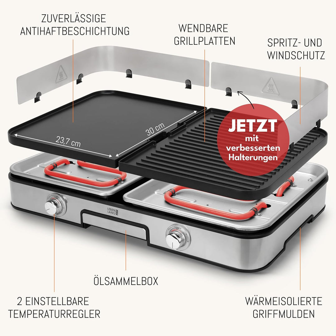 LEBENLANG Elektrogrill Tischgrill elektrisch - Inkl. Grillzange & Spritzschutz I 2400W Für Drinnen &