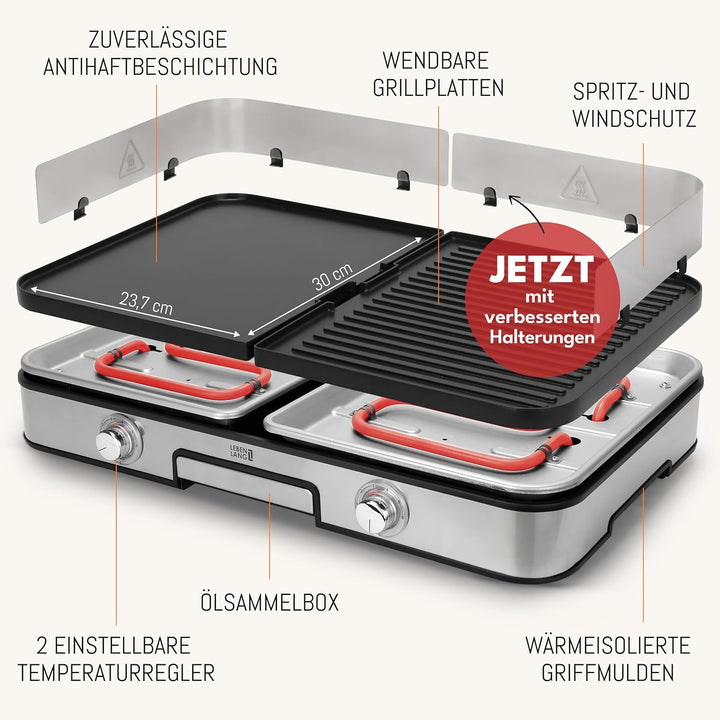 LEBENLANG Elektrogrill Tischgrill elektrisch - Inkl. Grillzange & Spritzschutz I 2400W Für Drinnen &
