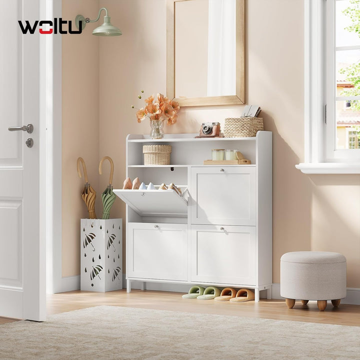 WOLTU Schuhschrank mit 4 Klappen, Schuhregal Schuhkipper schmal, Platzsparend & Robust, für 8-12 Paa