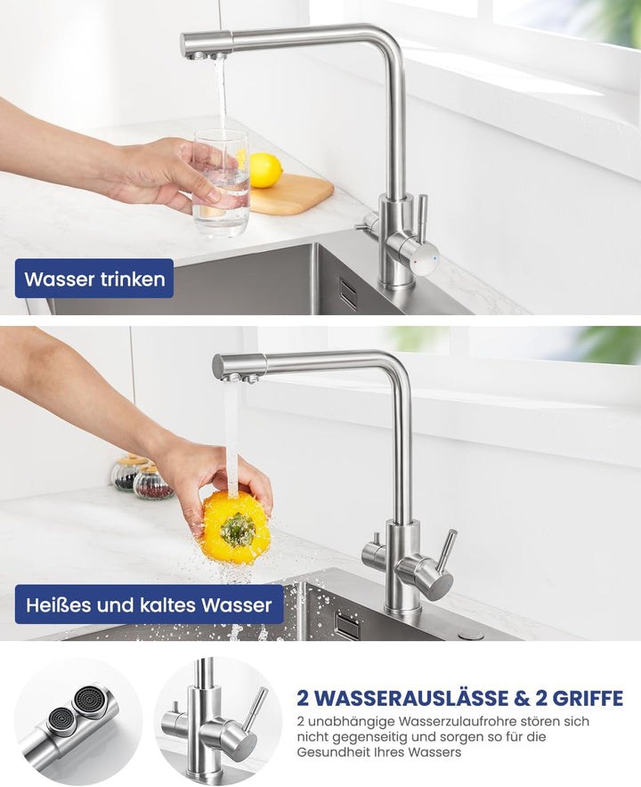 3 Wege Wasserhahn Küche, Küchenarmatur Mit 2 Hebel, Mischbatterie Küche Mit Heissem Und Kaltem Wasse