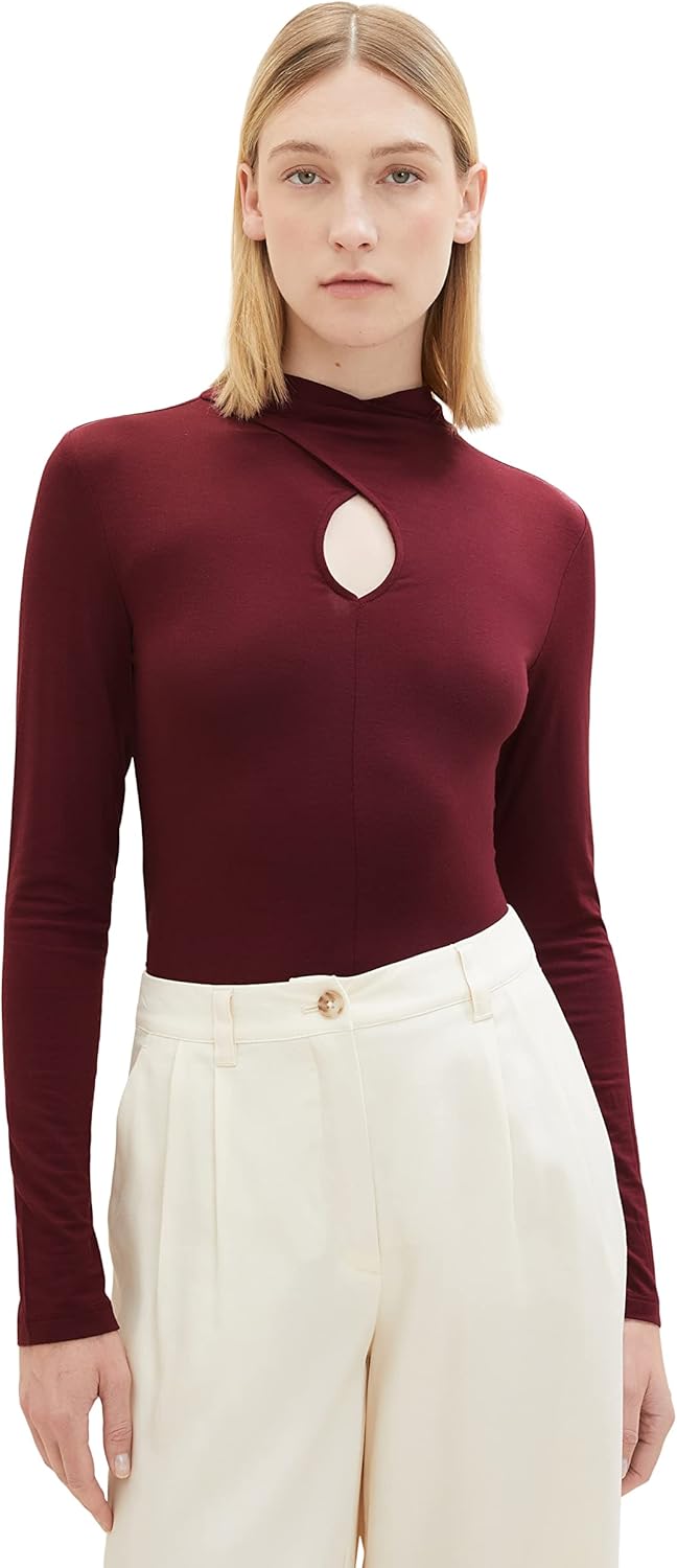 TOM TAILOR Damen Langarmshirt mit Cut-Out Detail L 10308 - Deep Burgundy Red, L 10308 - Deep Burgund