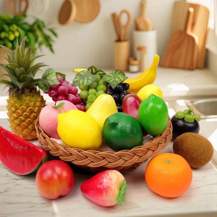 18pcs Künstliches Obst Plastik Obst Deko Künstlich Apfel Weintrauben Birne Erdbeere Deko Künstliche