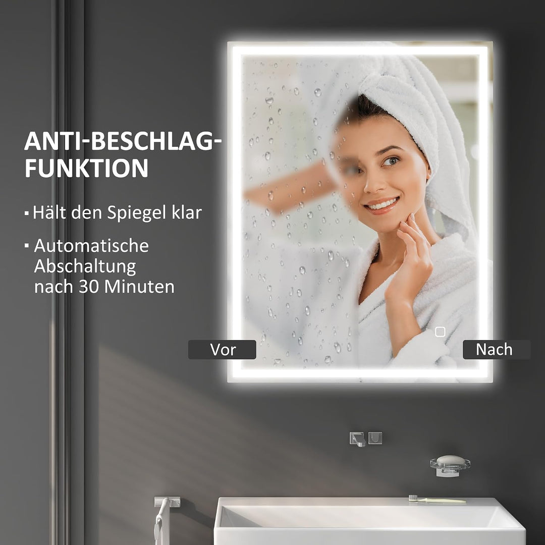 HOMCOM Badspiegel mit Beleuchtung 90x70 cm LED Spiegel Wandspiegel mit Memory-Funktion 3 Lichtfarben