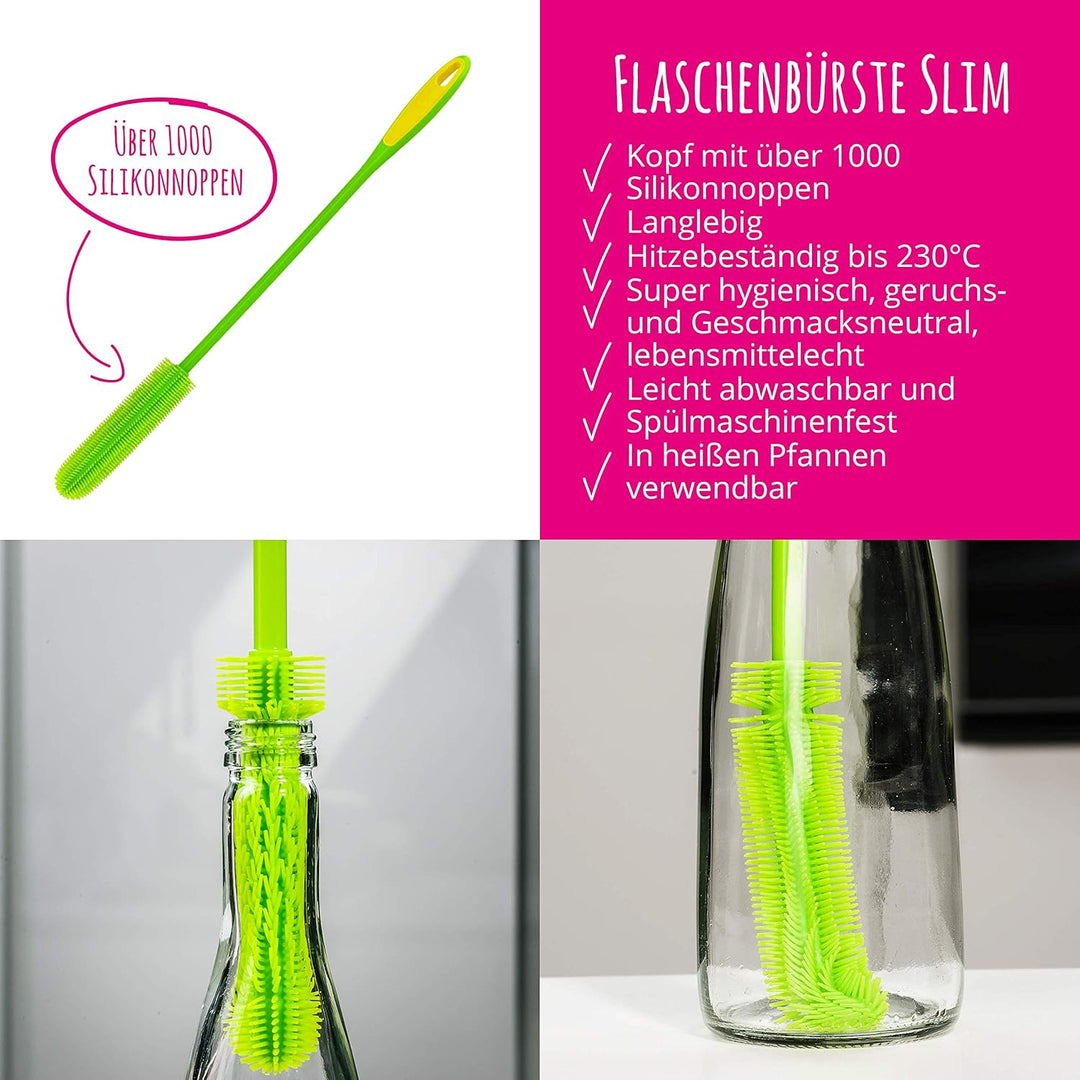 Kochblume Silikonbürsten 3er Set mit Wechselköpfen | Flaschenbürste, Spülbürste, Antibakteriell, Kei