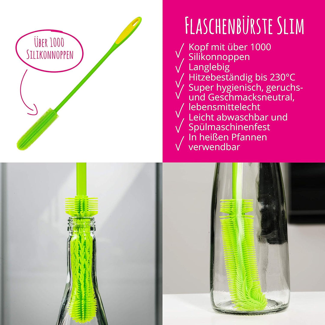 Kochblume Silikonbürsten 3er Set mit Wechselköpfen | Flaschenbürste, Spülbürste, Antibakteriell, Kei