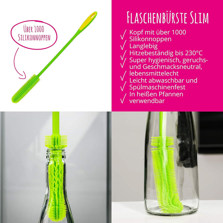 Kochblume Silikonbürsten 3er Set mit Wechselköpfen | Flaschenbürste, Spülbürste, Antibakteriell, Kei