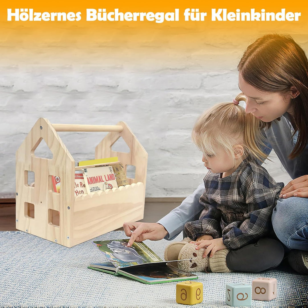 BüCherregal Kinder Kieferholz,NatüRliche Farbe Montessori BüCherregal Mit Griff 2 AblagefäChern,BüCh