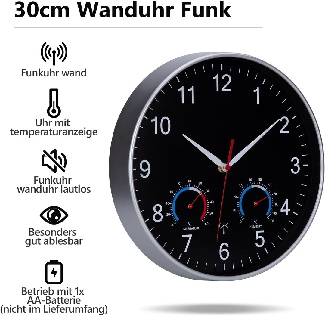 Wanduhr Funk Uhr Mit Temperaturanzeige und Luftfeuchtigkeit Funkuhr Wand Lautlos 30cm Funkwanduhr Mo