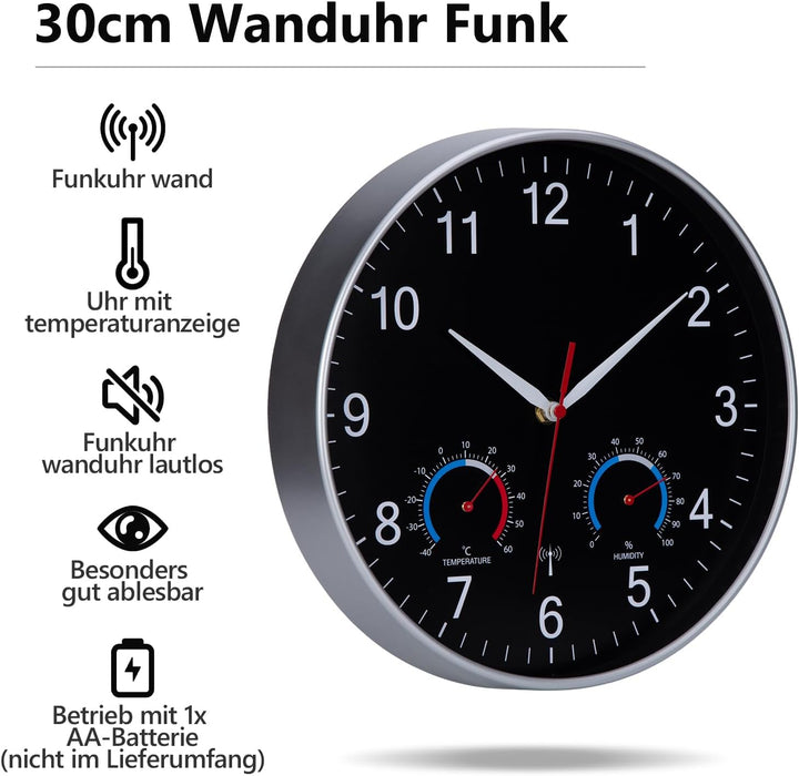 Wanduhr Funk Uhr Mit Temperaturanzeige und Luftfeuchtigkeit Funkuhr Wand Lautlos 30cm Funkwanduhr Mo