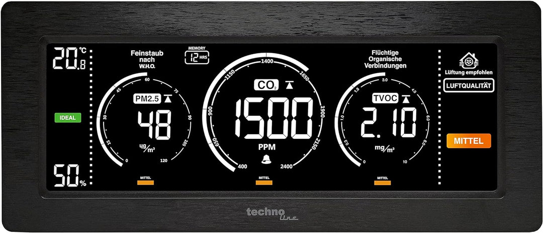 Technoline Luftgütemonitor, farbige Darstellung Co2 und TVOC Konzentration, Anzeige der Feinstaub -,