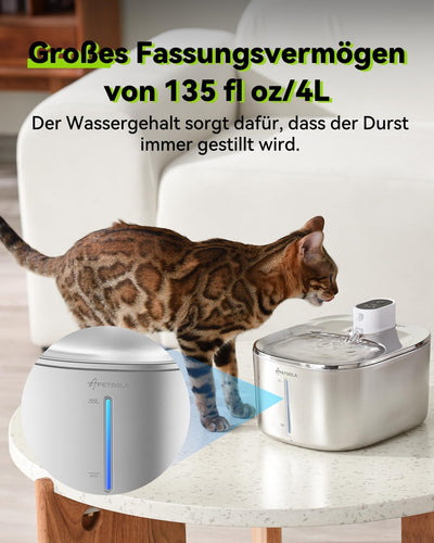 Katzenbrunnen Kabellos mit Bewegungsmelder, 4L Trinkbrunnen für Katze & Edelstahl Hunde mit Batterie