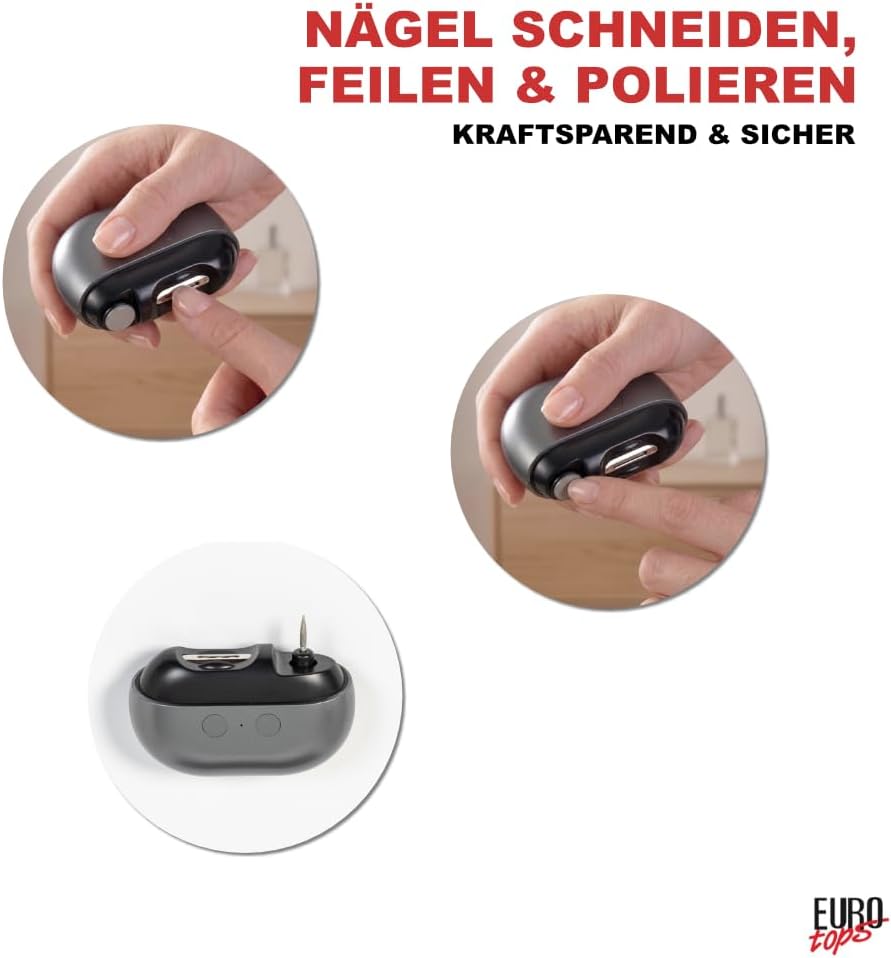 EUROtops Nageltrimmer mit LED, Feile und Polierfunktion, Akku, USB, Grau
