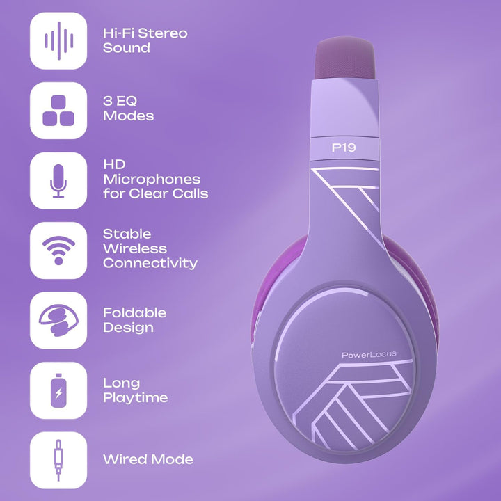PowerLocus Bluetooth Kopfhörer Over Ear, Kopfhörer Kabellos mit 3-EQ modi, 60std. Spielzeit, Hi-Fi-S