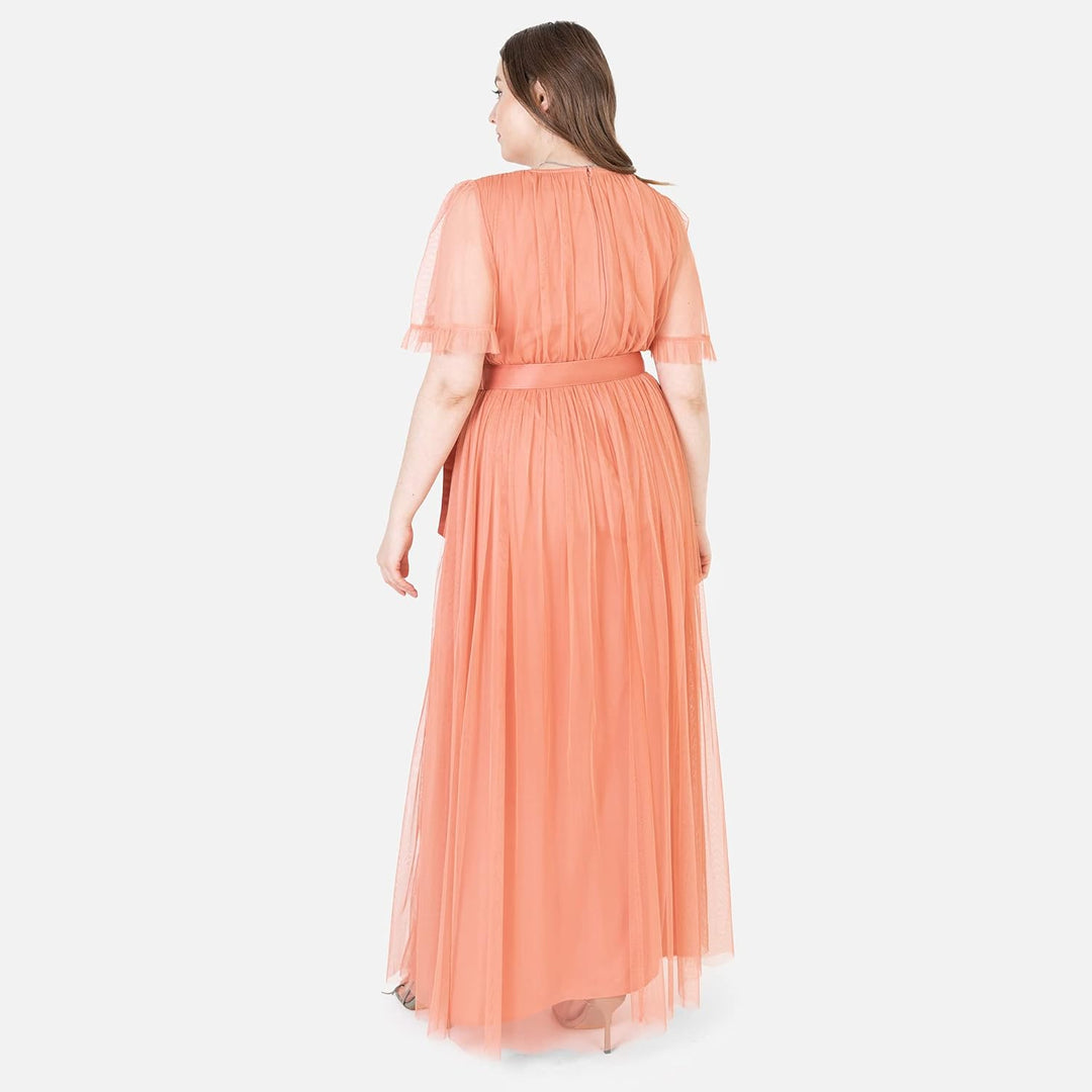 Maya Deluxe Damen Ladies Maxi Dress Women V Neckline Short Sleeve Frilly Long Empire Waist for Weddi